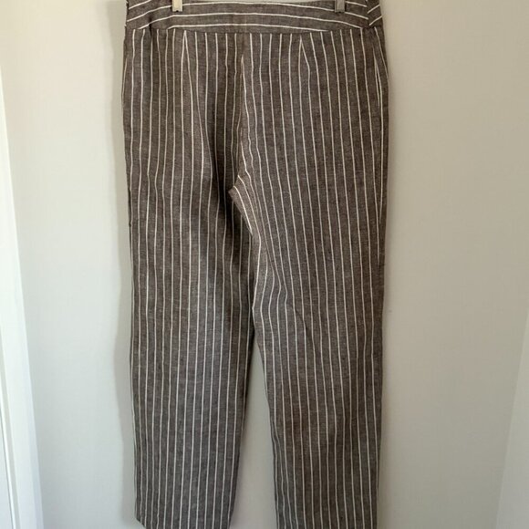 Current Linen Blend Straight Leg Pants Size 12 Taupe Stripe Side Zipper Mid Rise - Picture 2 of 5